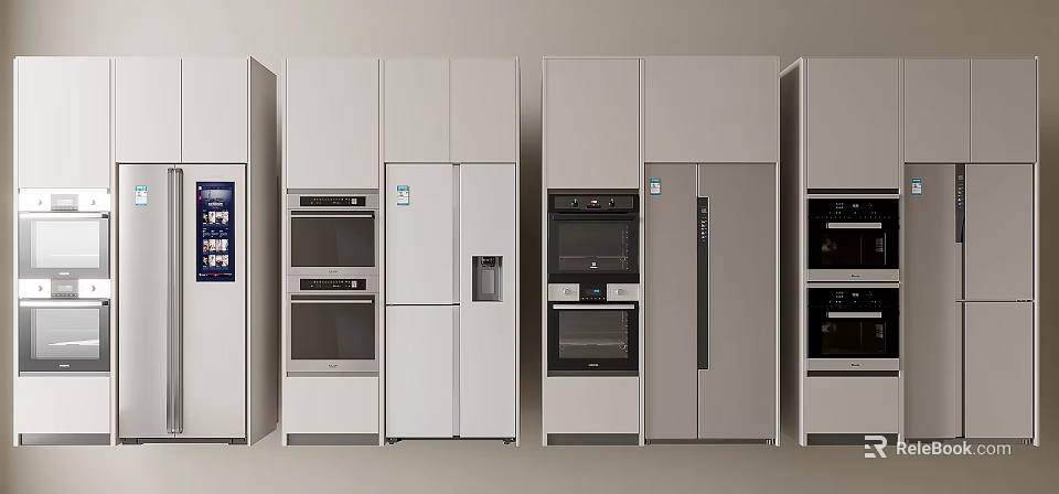 Modern Kitchen Storage Cabinet With Refrigerator Oven And Multiple Compartments 3d model