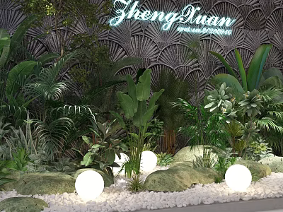Lush Green Plants and Flowers in Garden with Stones and Spherical Lights 3d model