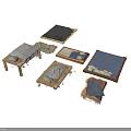 Various Furniture Pieces With Wooden Frames And Blue Gray Fabric Mattresses
