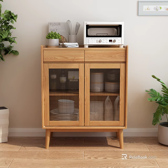 Modern Wooden Sideboard With Glass Doors Holding Tableware And Microwave On Top 3d model 