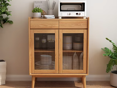 Modern Wooden Sideboard With Glass Doors Holding Tableware And Microwave On Top 3d model