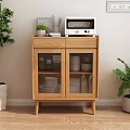 Modern Wooden Sideboard With Glass Doors Holding Tableware And Microwave On Top