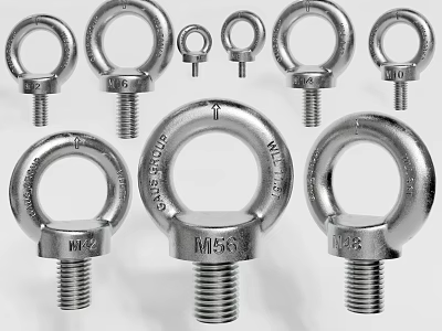 Various Sizes Metal Eye Bolts With Threaded Shanks And Ring Heads 3d model