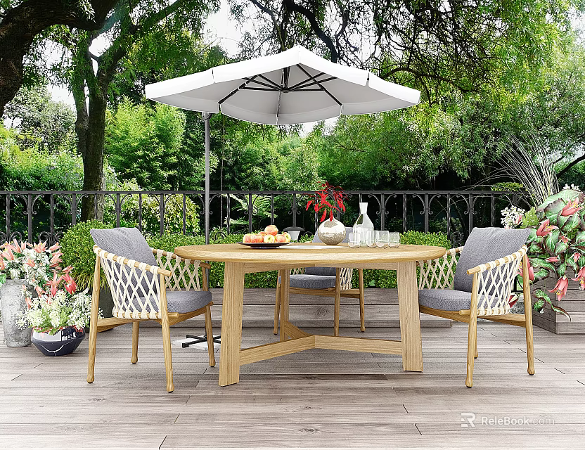 Outdoor Patio Dining Table And Chairs Set With Woven Chairs White Umbrella Green Plants 3d model 