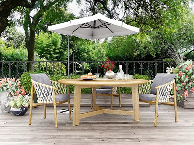 Outdoor Patio Dining Table And Chairs Set With Woven Chairs White Umbrella Green Plants 3d model