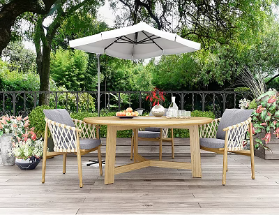 Outdoor Patio Dining Table And Chairs Set With Woven Chairs White Umbrella Green Plants 3d model