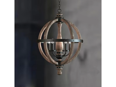 Rustic Wooden Spherical Chandelier With Black Metal Frame And Candle Design 3d model