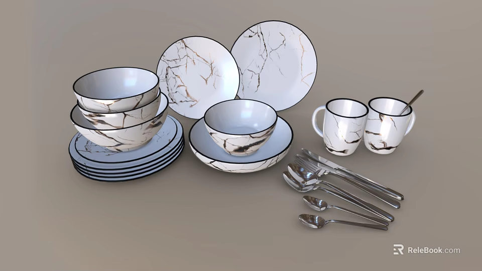 Modern Dinnerware Set With Marble Pattern Plates Bowls Mugs And Spoons 3d model