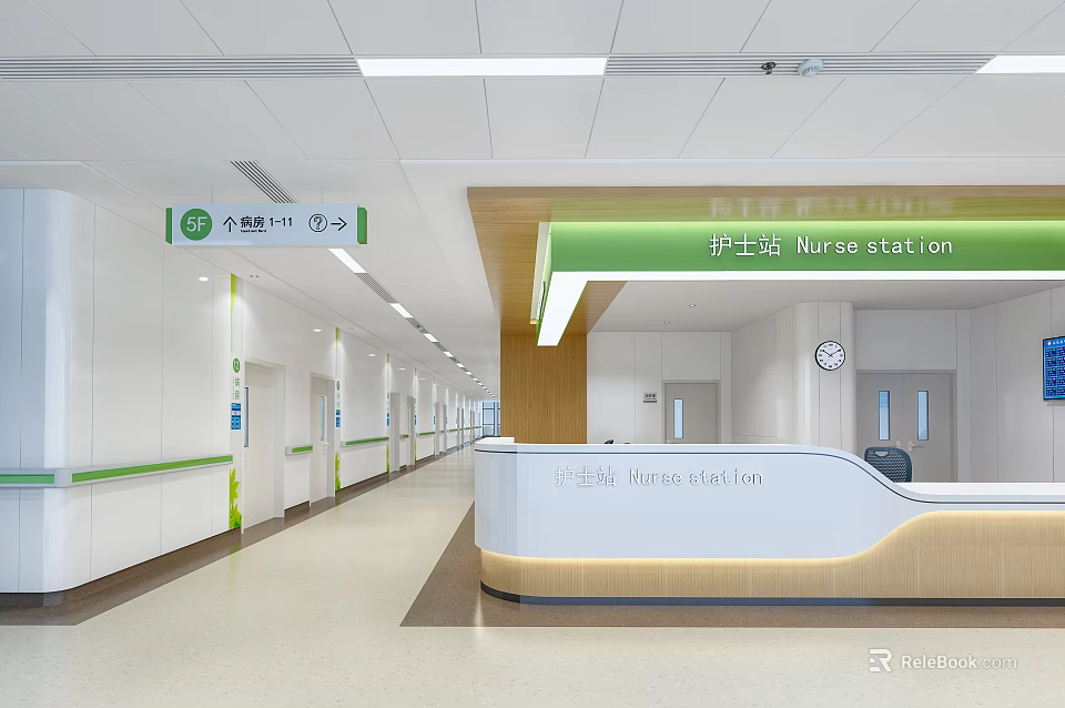 Hospital Outpatient Clinic with Nurse Station Clean Bright Corridor and Directional Signage 3d model 