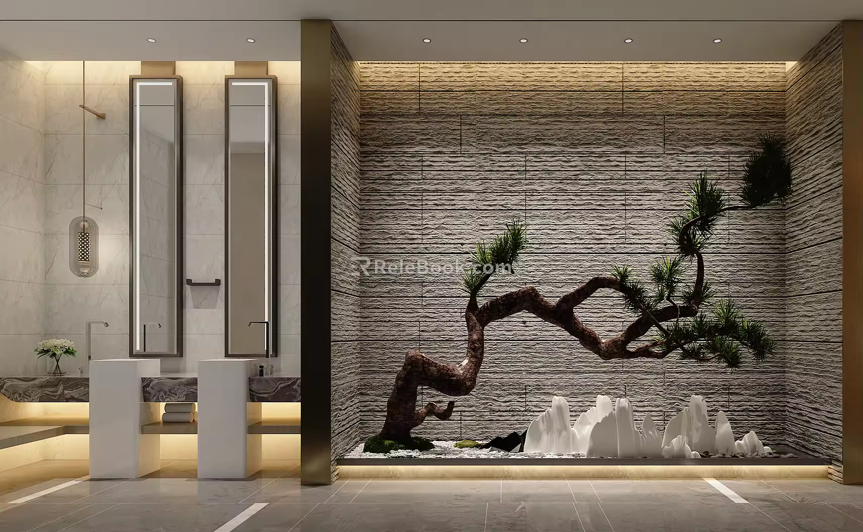 New Chinese Style Washstand Pine Tree End View Wall Background Wall Chopsticks Brick Stone Wall 3d model