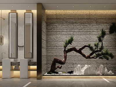 Elegant Modern Double Sink Vanity With Stone Texture Wall And Pine Rockery Decor 3d model