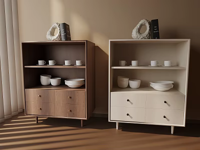 White And Brown Dining Sideboards With Storage Shelves Dishes Decor In Sunlit Beige Room 3d model