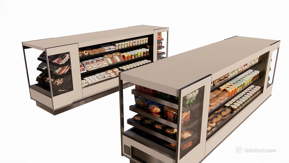 Store Display Shelving Units with Glass Doors Holding Assorted Food Products 3d model 
