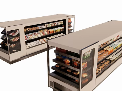 Store Display Shelving Units with Glass Doors Holding Assorted Food Products 3d model