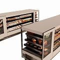 Store Display Shelving Units with Glass Doors Holding Assorted Food Products
