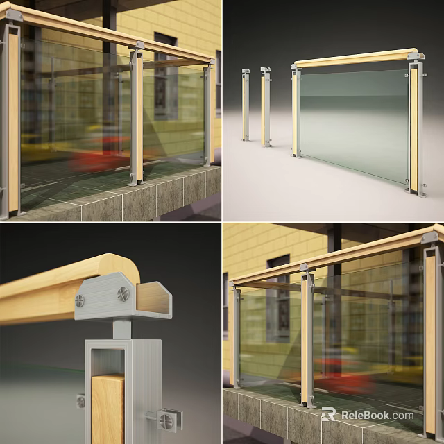 Modern Glass Fence With Wooden Frame Transparent Panels And Metal Posts 3d model 