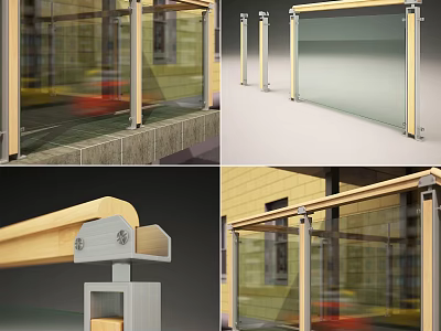 Modern Glass Fence With Wooden Frame Transparent Panels And Metal Posts 3d model