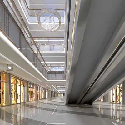 Modern Shopping Mall Atrium Featuring Glass Skylight Chandelier Multi Level Walkways And Escalator 3d model