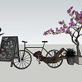 Vintage Bicycle Display With Chalkboard Coffee Menu Green Plants And Purple Flowering Tree