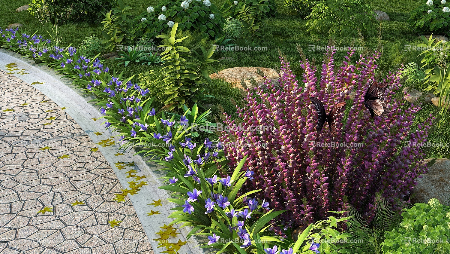 flowers shrubs grass flowers plants 3d model