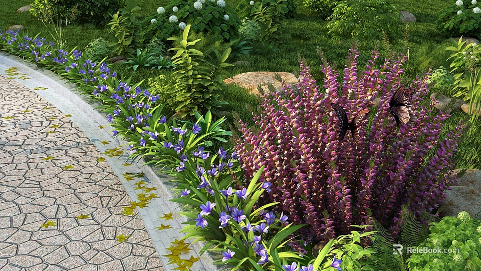 Blooming Purple And Blue Garden Flowers Along Stone Path With Green Grass 3d model 