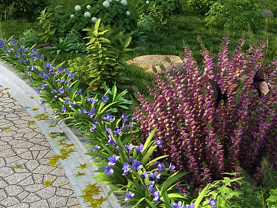 Blooming Purple And Blue Garden Flowers Along Stone Path With Green Grass 3d model