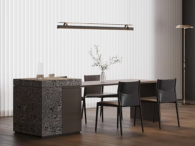 Modern Dining Interior With Patterned Island Dining Table Chairs And Pendant Light 3d model