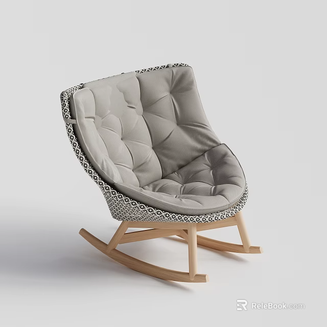 Stylish Gray Diamond Tufted Rocking Chair With Woven Trim And Wooden Rocker Base 3d model 
