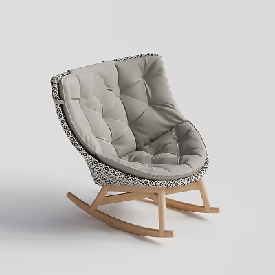 Stylish Gray Diamond Tufted Rocking Chair With Woven Trim And Wooden Rocker Base 3d model