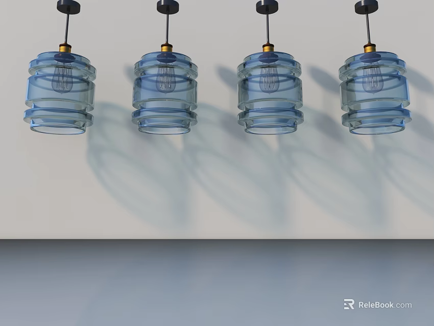 Swing Door Design With Blue Glass Pendant Lights And White Wall Shadows 3d model 
