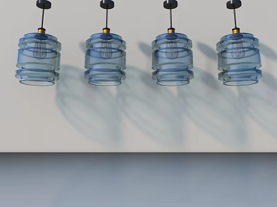Swing Door Design With Blue Glass Pendant Lights And White Wall Shadows 3d model