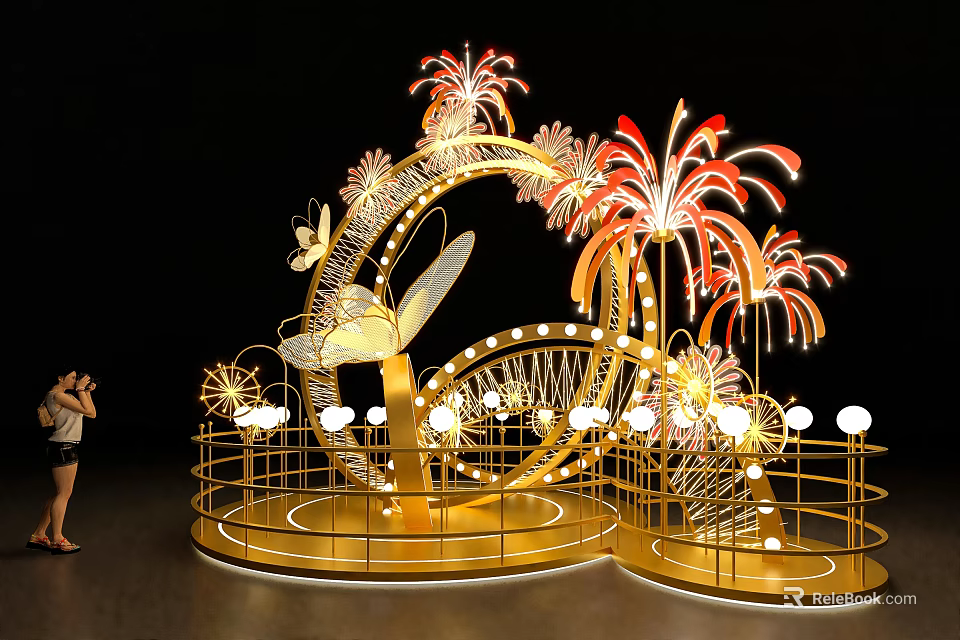 Golden Light Decorated Circular Arch Photo Check In Spot With Firework Butterfly Railings And Platform 3d model 