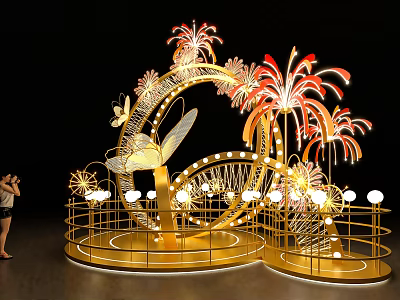 Golden Light Decorated Circular Arch Photo Check In Spot With Firework Butterfly Railings And Platform 3d model