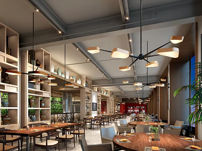 Modern Restaurant Interior Design With Hanging Chandeliers Wooden Dining Tables Shelves And Green Plants 3d model