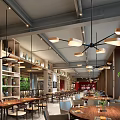 Modern Restaurant Interior Design With Hanging Chandeliers Wooden Dining Tables Shelves And Green Plants