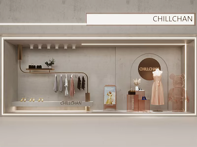 Chillchan Store Window Display With Hanging Clothes Mannequin Dress And Decorations 3d model