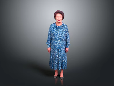 A Woman In Blue Floral Dress Standing Against Gray Background Smiling With High Heels 3d model