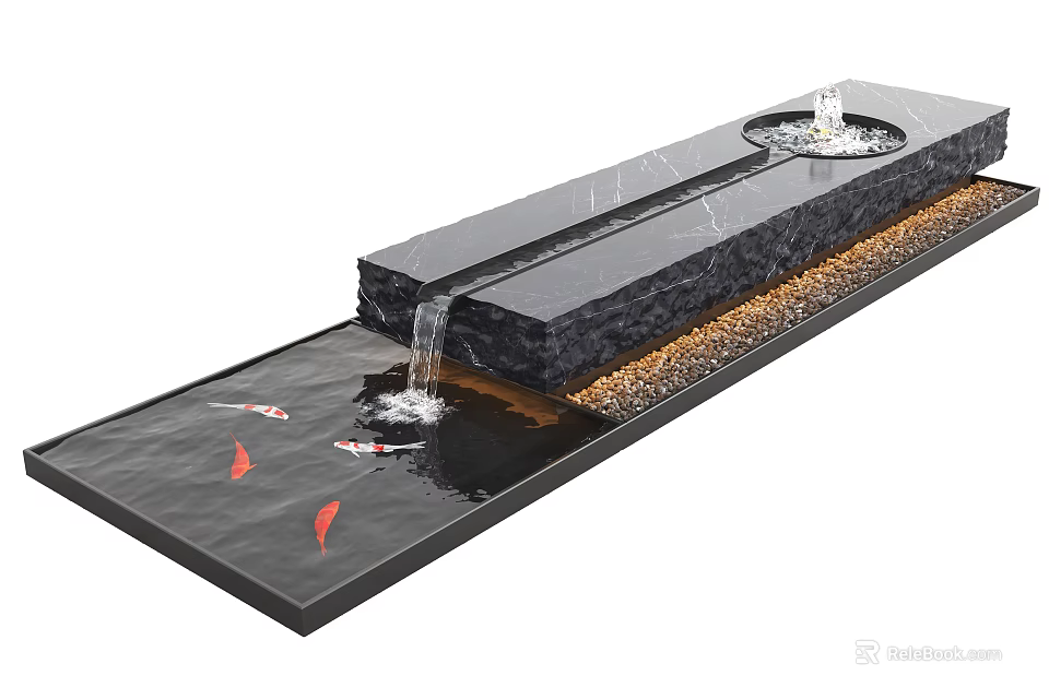 Elegant Water Fountain With Stone Structure Flowing Water Pond Koi Fish And Ambient Lighting 3d model 