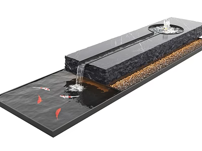 Elegant Water Fountain With Stone Structure Flowing Water Pond Koi Fish And Ambient Lighting 3d model
