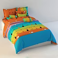 Colorful Double Bed With Vibrant Multi Colored Bedding Sheet Set And Pillowcases 3d model