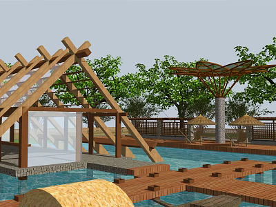 Waterfront Landscape Featuring Wooden Pergola Structure Wooden Deck Platform Lush Green Plants And Outdoor Sunshades 3d model