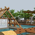 Waterfront Landscape Featuring Wooden Pergola Structure Wooden Deck Platform Lush Green Plants And Outdoor Sunshades