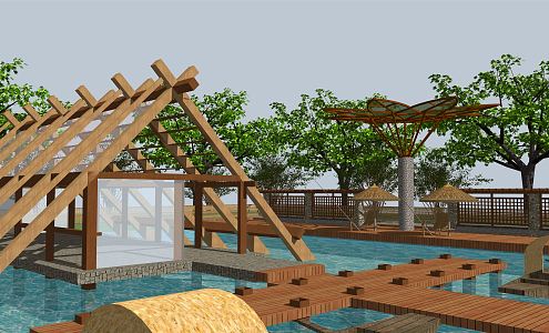 New Chinese-style Wharf Waterside Pier Dining and Entertainment Wooden Corridor Waterfront Landscape Tower Wooden Cruise Ship Stop Tourist Transfer Station 3d model