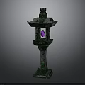 Mossy Traditional Stone Lantern With Purple Light Pagoda Style Roof And Stone Base