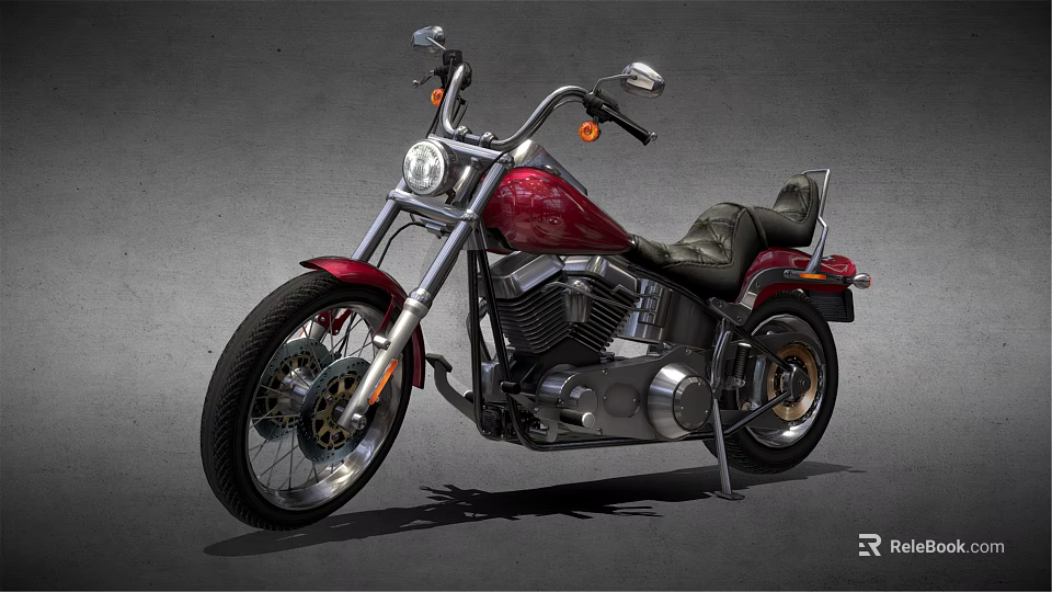 Classic Red Cruiser Motorcycle with Black Leather Seat Chrome Engine and Shiny Tires 3d model 