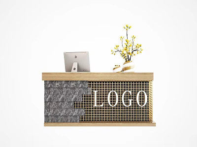 Modern Interior Reception Desk With Stone Texture Logo Tablet And Yellow Flowers 3d model