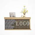 Modern Interior Reception Desk With Stone Texture Logo Tablet And Yellow Flowers