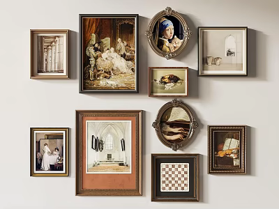 Various Framed Artworks in Different Shapes Forming Gallery Wall on White Wall 3d model