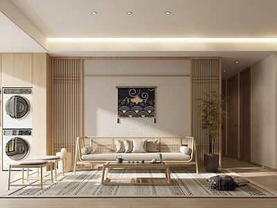 Minimalist Living Room Interior With Light Sofa Wooden Coffee Table Wall Art And Green Plant 3d model