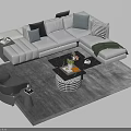Modern White L shaped Sofa With Pillows And Black Coffee Table On Gray Rug 3d model